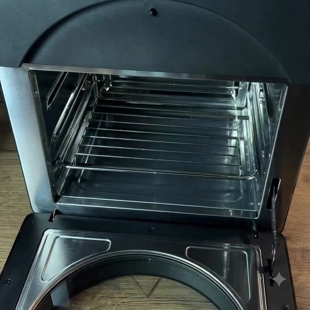 Una teglia rotonda con patate gialle intere che vengono messe in un forno vuoto.