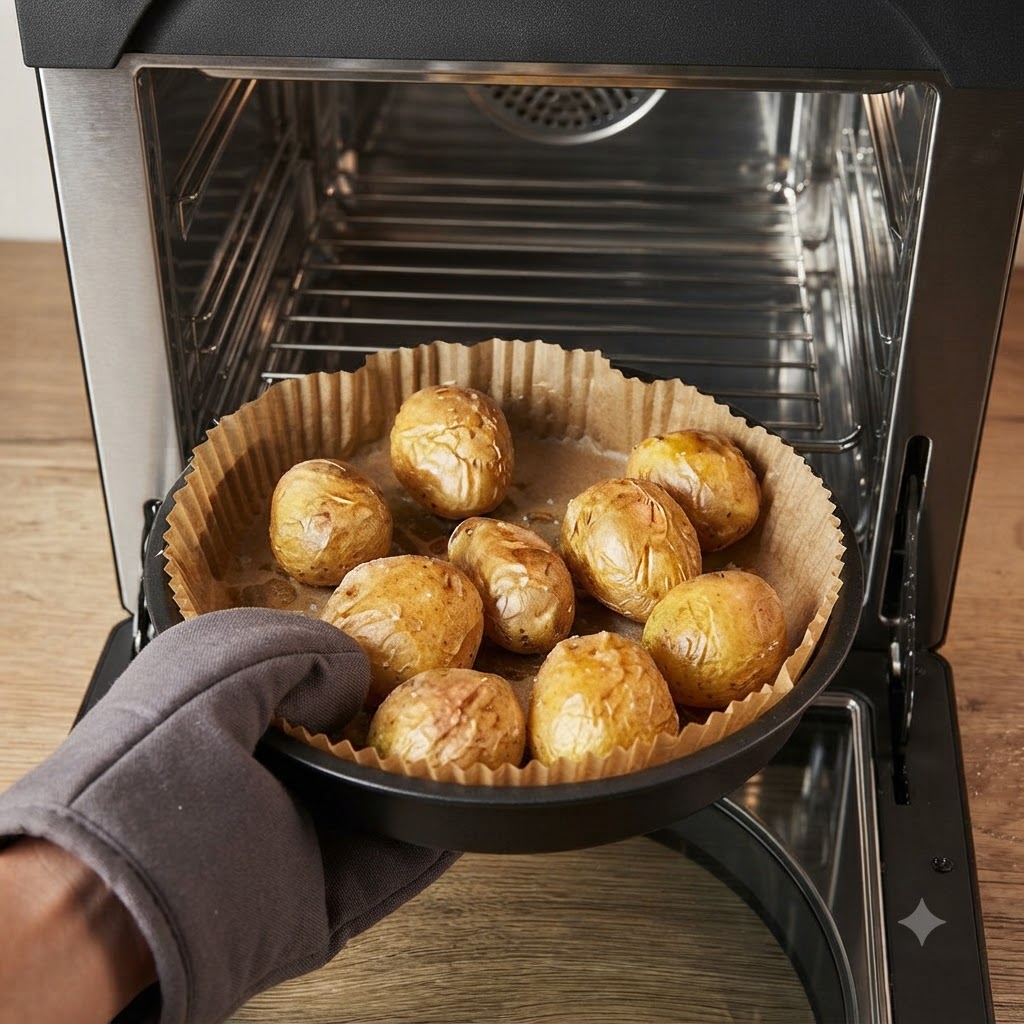 Una mano con un guanto da forno che regge una teglia di patate cotte, mostrando mentre vengono schiacciate.