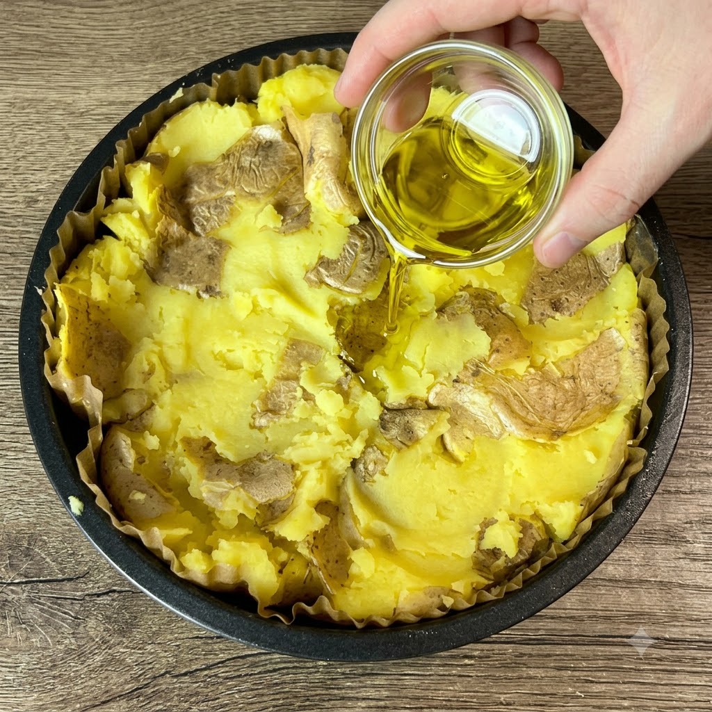 Olio doliva versato da una ciotola di vetro sulla superficie delle patate schiacciate in una teglia.