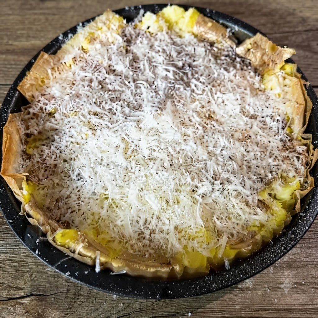 Una teglia riempita di patate schiacciate completamente coperta da un spesso strato di formaggio bianco grattugiato fresco.
