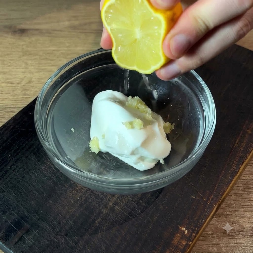 Mezzo limone fresco spremuto sopra una ciotola di vetro contenente panna acida e aglio tritato.