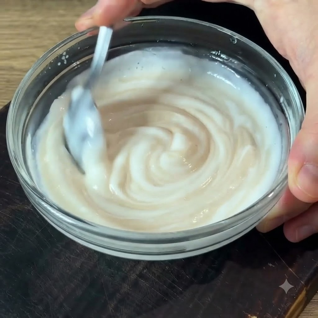 Un cucchiaio di salsa bianca cremosa spalmata uniformemente su una crosta di patate dorata su un piatto bianco.