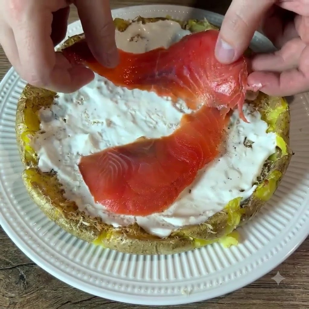 Mani che posizionano fette arancioni vivaci di salmone affumicato sopra una crosta di patate ricoperta di crema bianca.