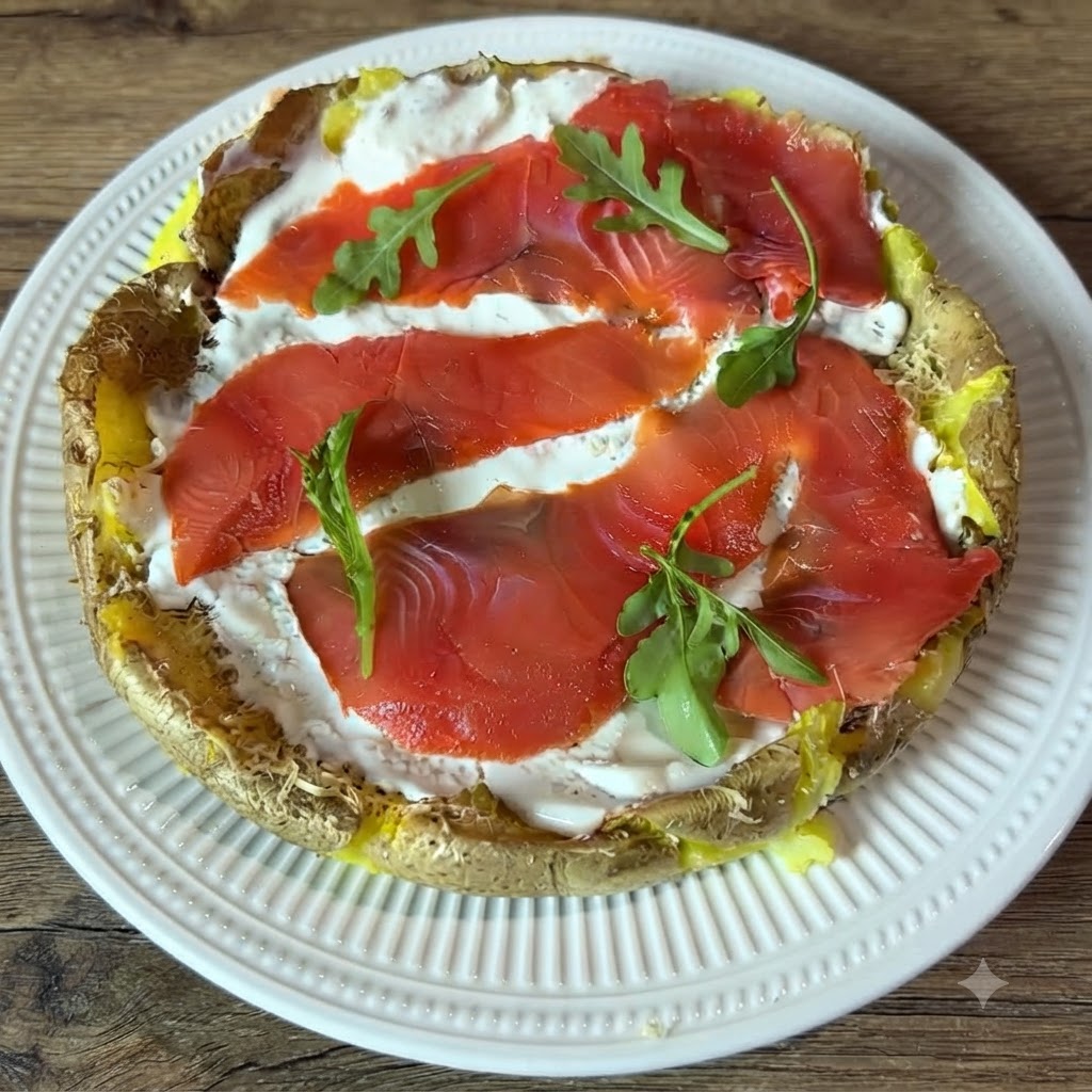 Foglie di rucola verde fresca sparse sul salmone affumicato e sullo strato di crema di una pizza di patate.