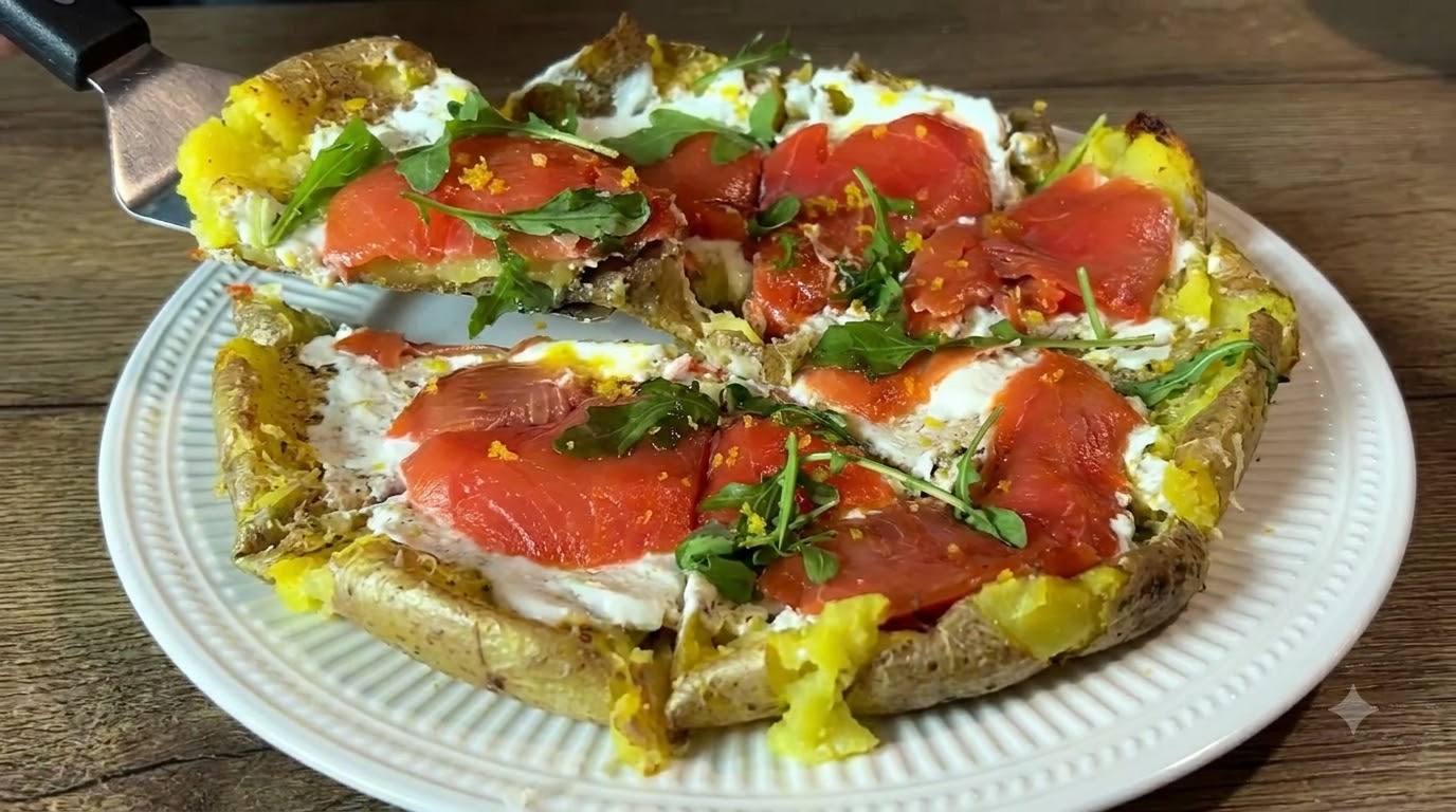 Pizza di Patate Schiacciate con Salmone Affumicato e Rucola