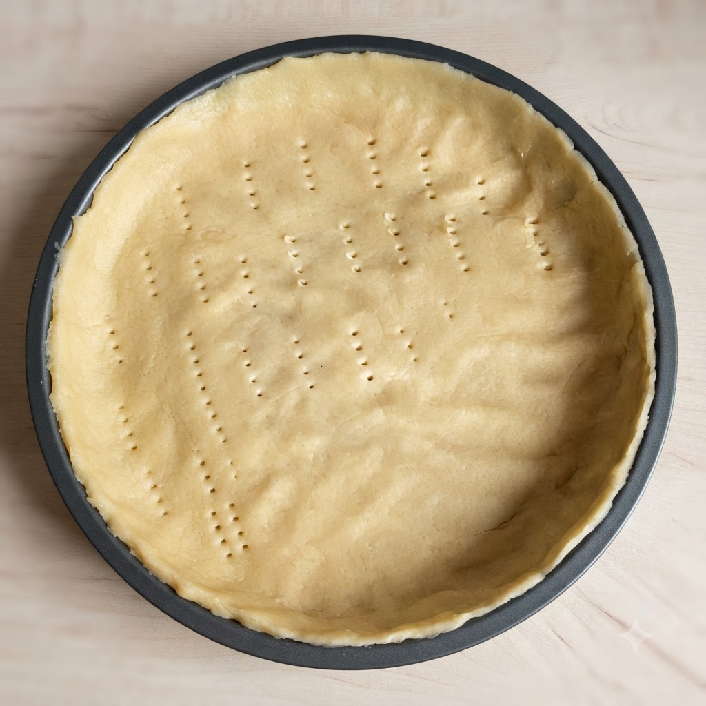 Un primo piano di una base per torta rotonda e dorata punta con una forchetta più volte.