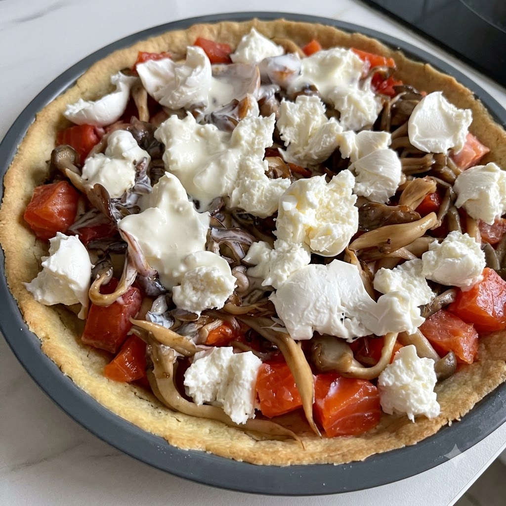 Rametti di rosmarino fresco adagiati sopra una torta cruda di salmone e funghi.