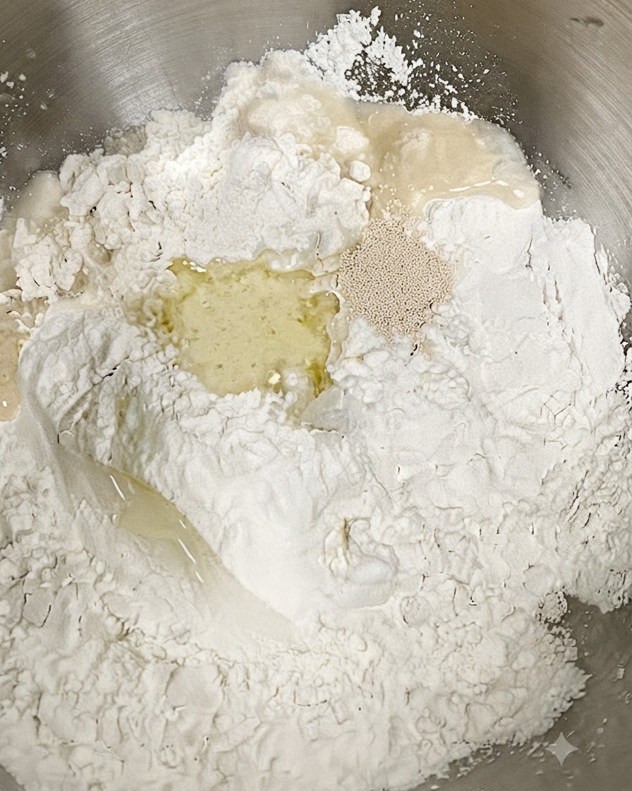Farina, lievito, acqua e olio doliva combinati allinterno di una ciotola di metallo prima di essere impastati.