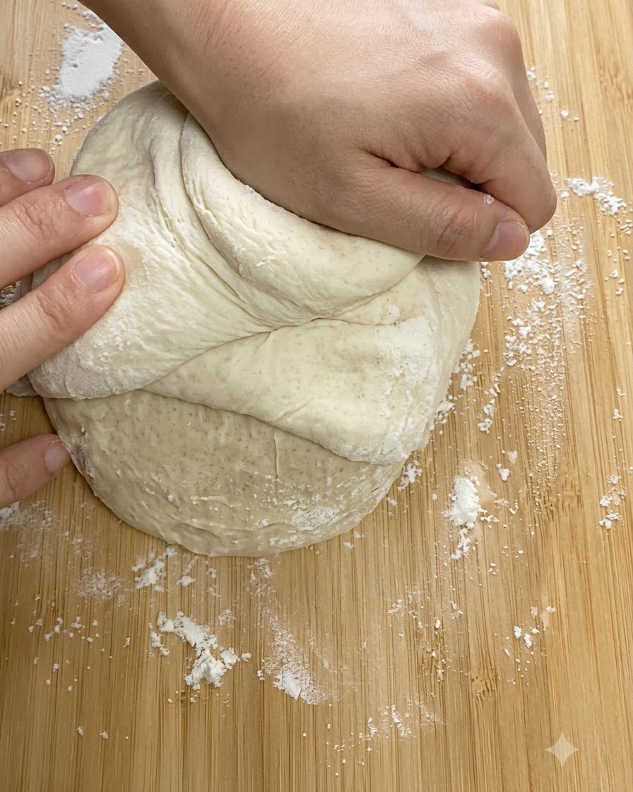 Mani che impastano saldamente una palla di pasta per pizza su una superficie di legno.