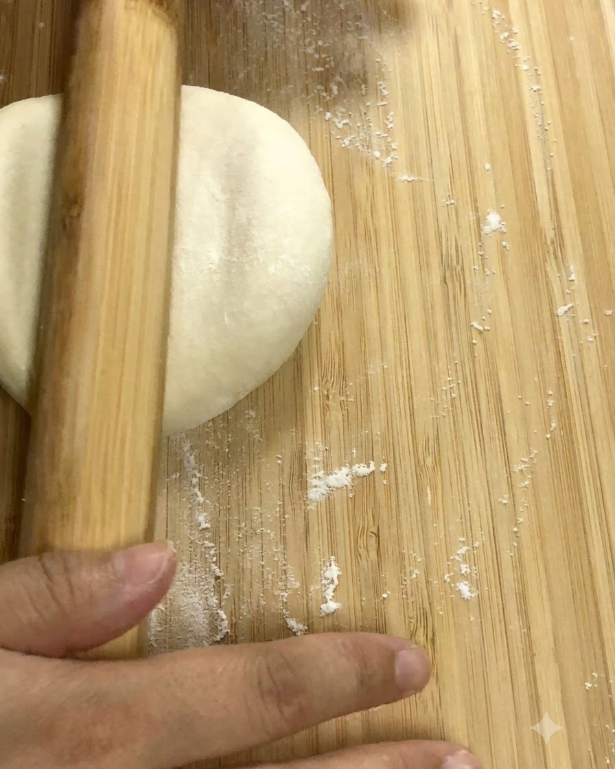 Un mattarello di legno che appiattisce un pezzo di pasta liscio e rotondo su un asse di legno.