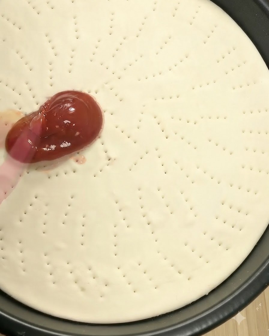 Una spatola in silicone rosa che distribuisce la salsa di pomodoro rossa sulla superficie della pasta per pizza.