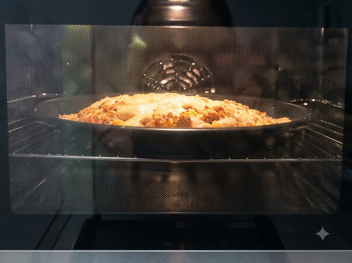 Una pizza in cottura dentro un forno con la luce interna accesa, che mostra il formaggio che si fonde e fa le bolle.