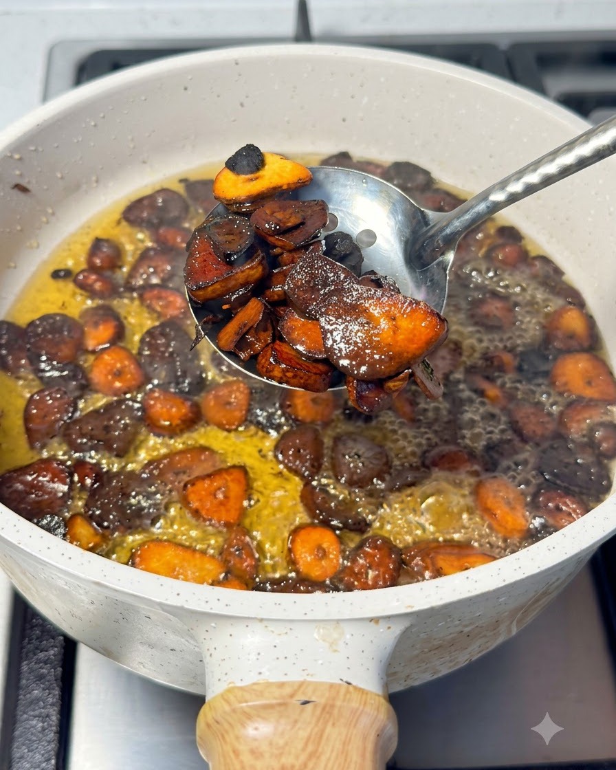 Un cucchiaio forato che solleva fette daglio marrone scuro e carbonizzate dallolio caldo in una pentola.