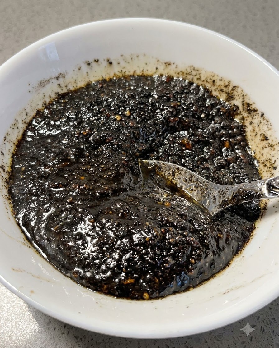 Pasta di olio daglio nero frullata allinterno di una ciotola bianca con un cucchiaio.