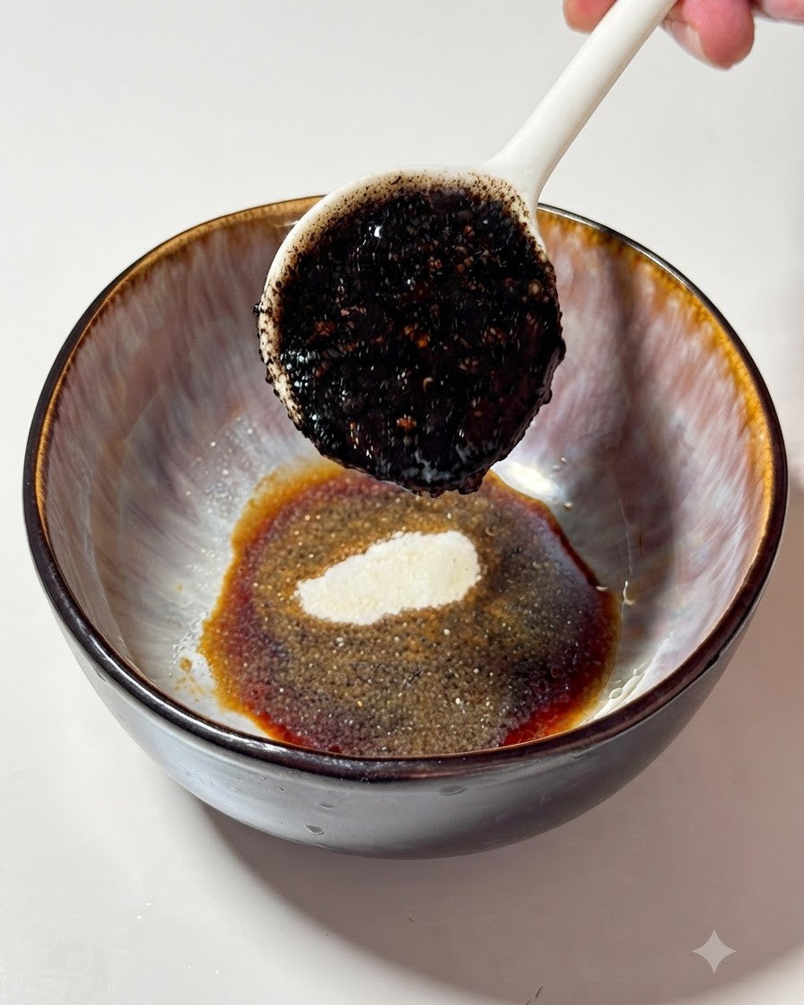 Cucchiaio che versa olio daglio nero scuro in una ciotola contenente salsa di soia condita, aglio in polvere e brodo tonkotsu.