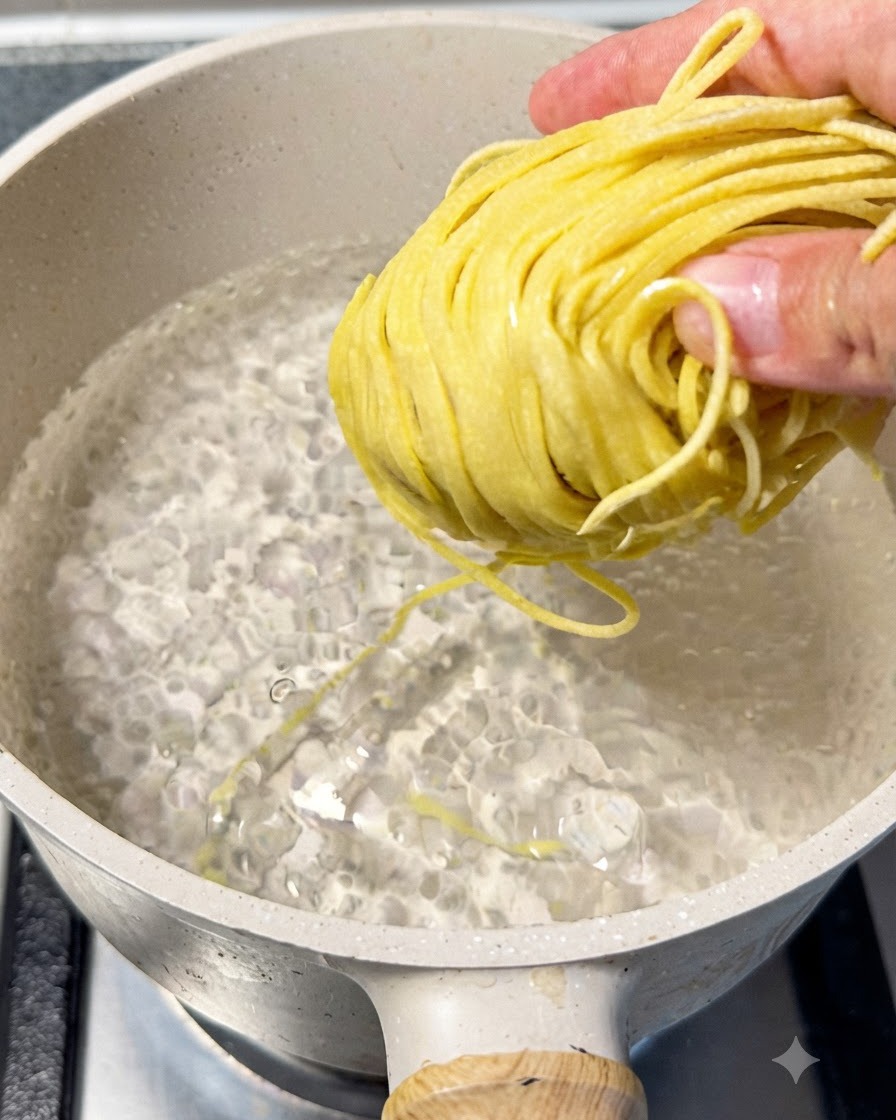 Noodle di ramen che bollono in una pentola dacqua, sollevati con le bacchette per controllarne la cottura.