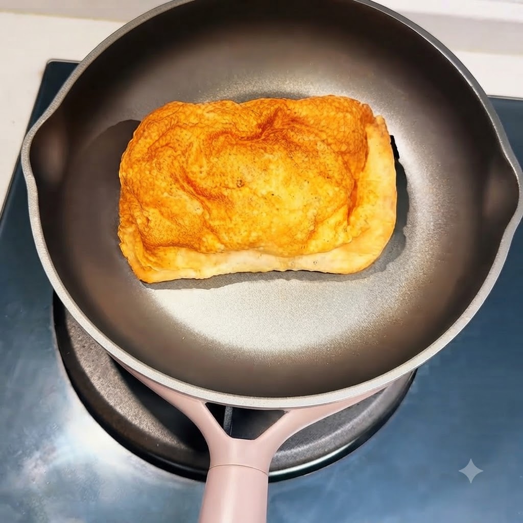 Un pezzo di pane ciabatta allinterno di una padella sui fornelli.