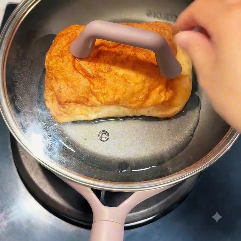 Un blocco rotondo di noodles istantanei viene immerso nellacqua bollente in una pentola.