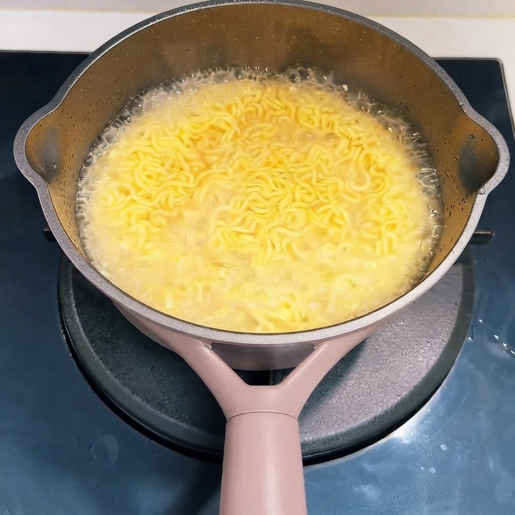 Lacqua viene scolata da una pentola di noodles istantanei cotti.