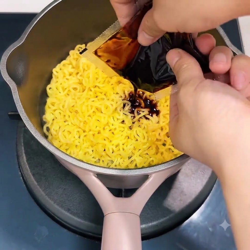 La salsa rossa buldak viene spremuta da una bustina direttamente sui noodles gialli in una pentola.