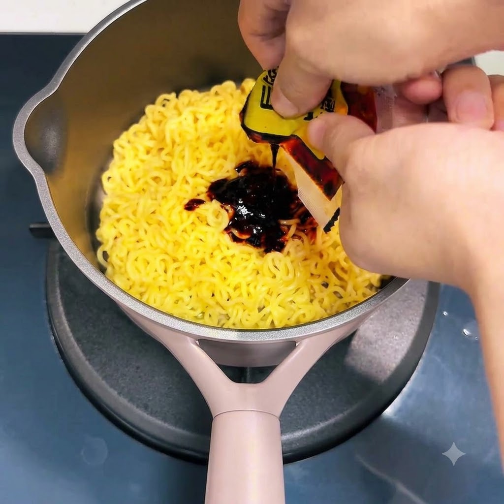 I noodles vengono mescolati con una salsa rosso scuro allinterno di una pentola.