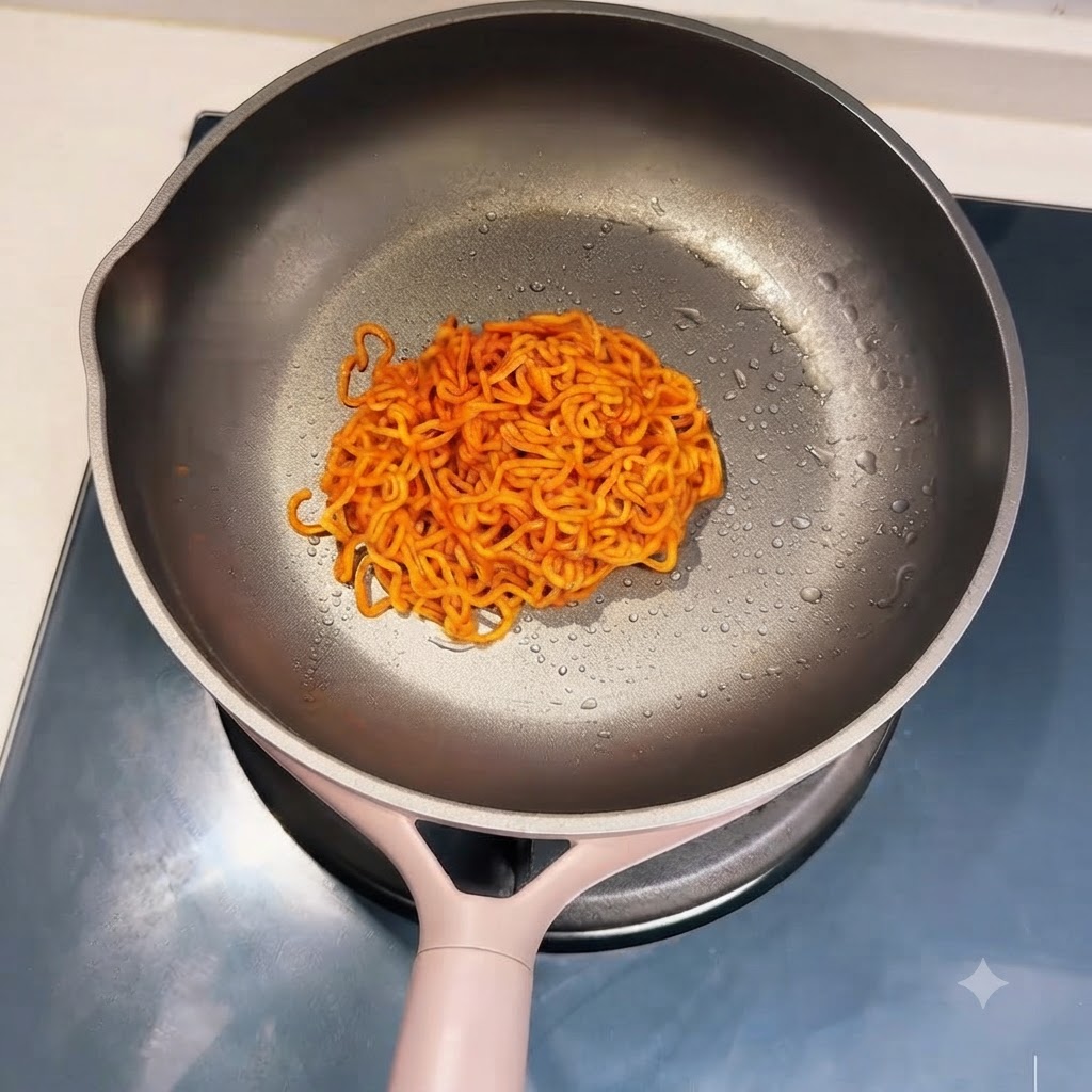 Una porzione di noodles rossi piccanti cotti stesa ordinatamente in una padella.