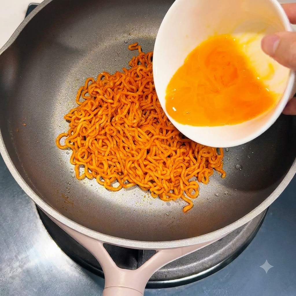 Il liquido arancione delluovo sbattuto viene versato da una ciotola sui noodles in una padella.