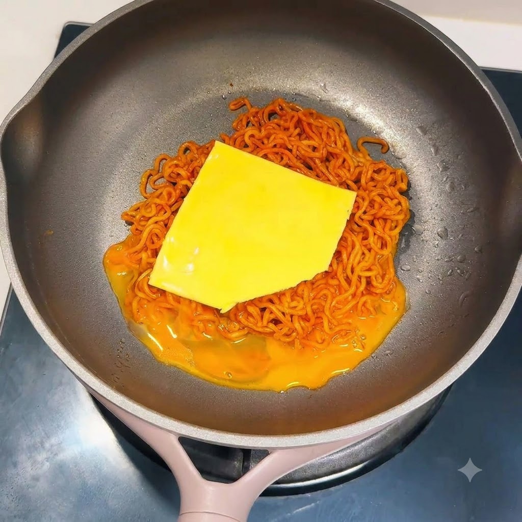 Una fetta di formaggio giallo adagiata sui noodles cotti in una padella.