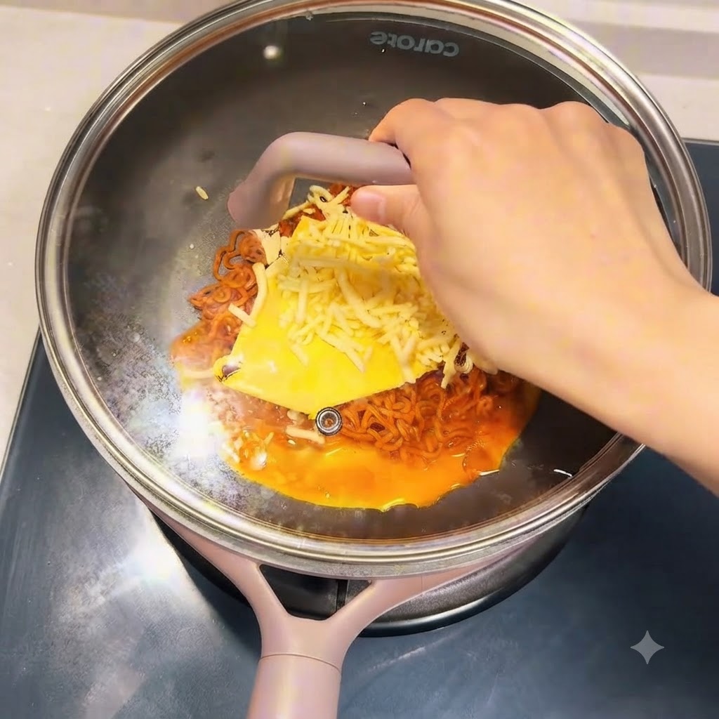 Una padella coperta che fuma sui fornelli per far sciogliere il formaggio.