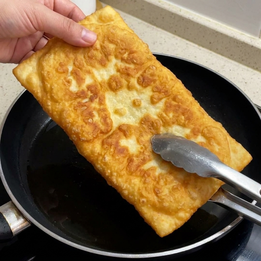 Una ciabatta dorata e tostata viene tagliata con delle forbici da cucina.