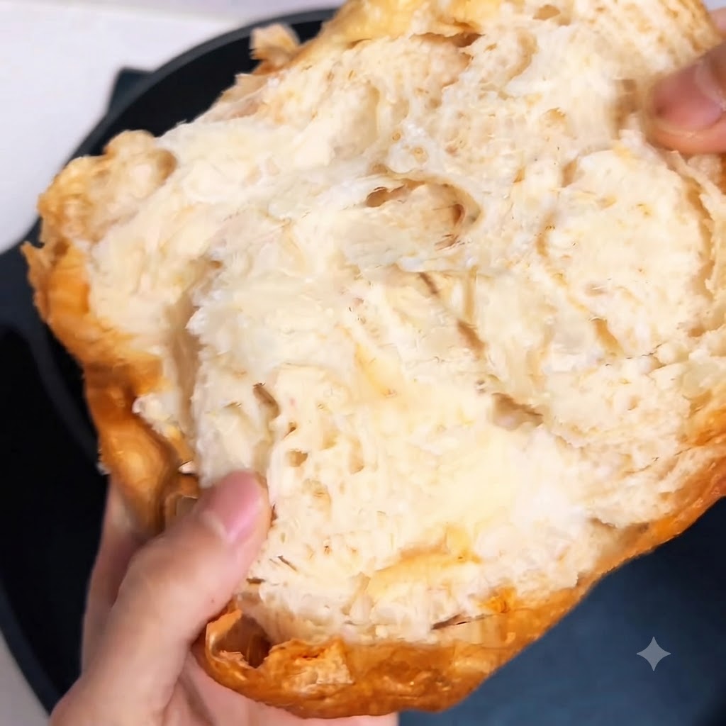 Foglie verdi di lattuga croccante infilate allinterno di una pagnotta di ciabatta tagliata su un piatto bianco.