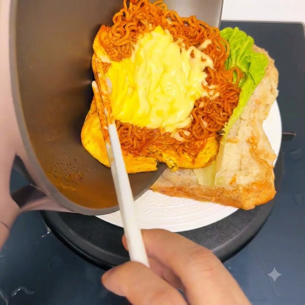 Noodles al formaggio e uovo vengono fatti scivolare da una padella in un panino ciabatta.