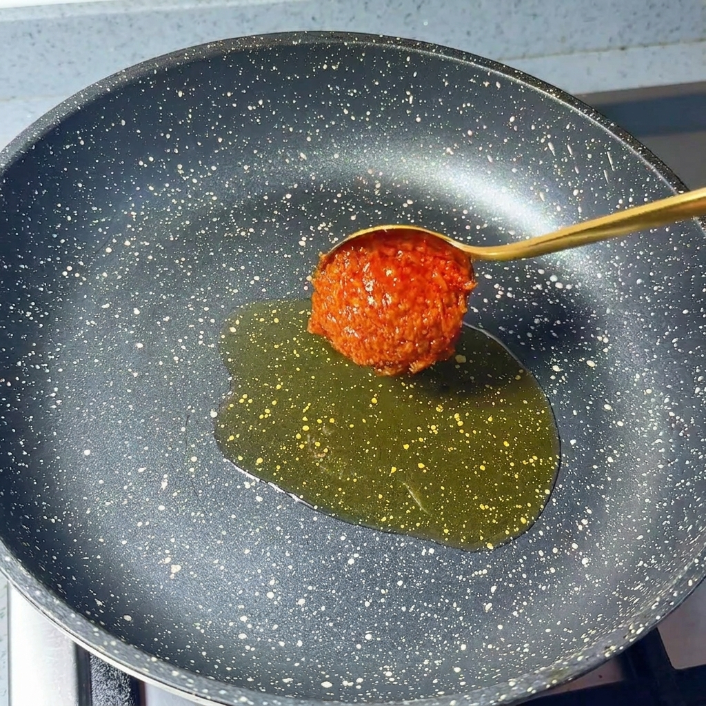Un cucchiaio con peperoncino in polvere e aglio tritato sopra una padella con olio di sesamo.