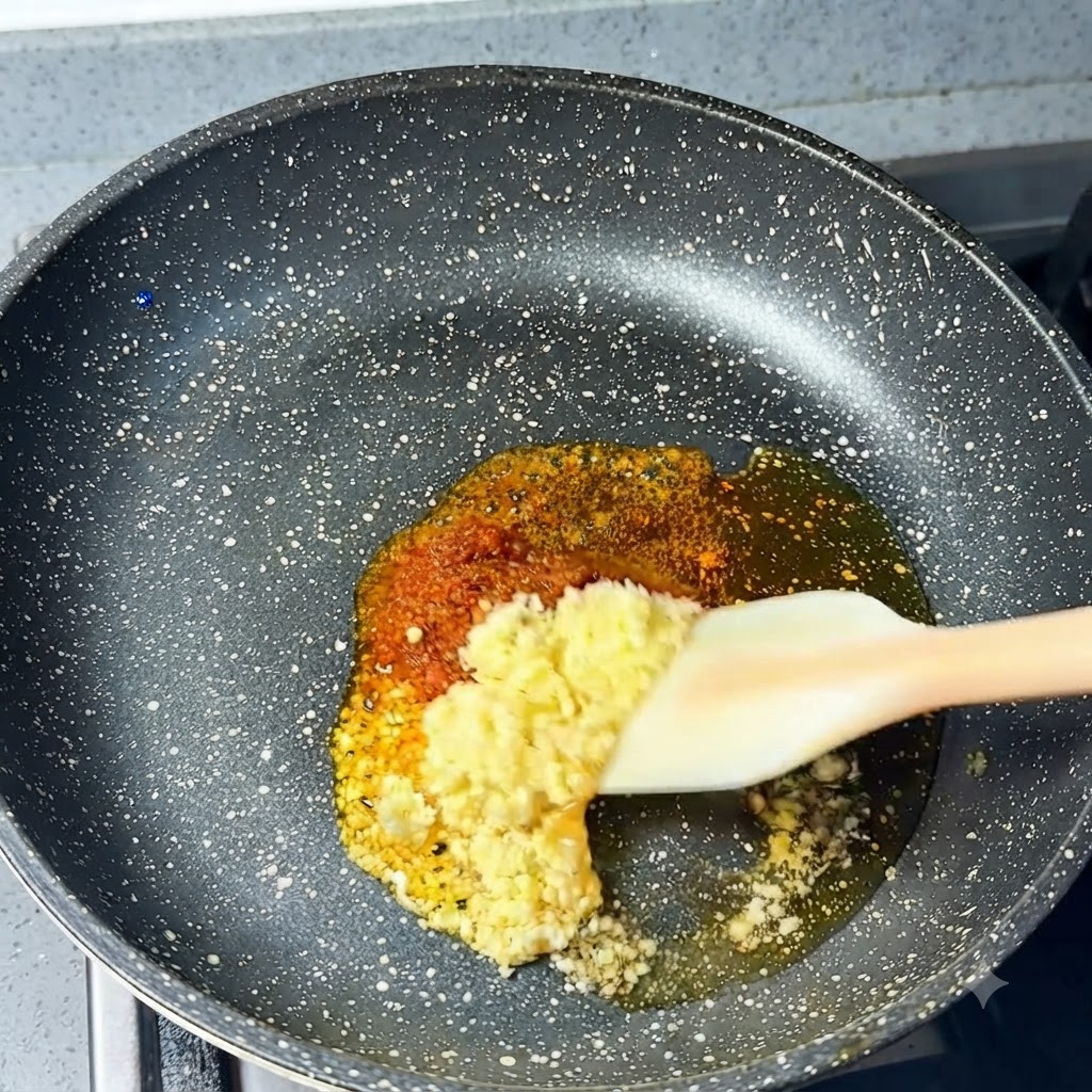 Aglio tritato e peperoncino in polvere mescolati con olio di sesamo in una padella usando una spatola.