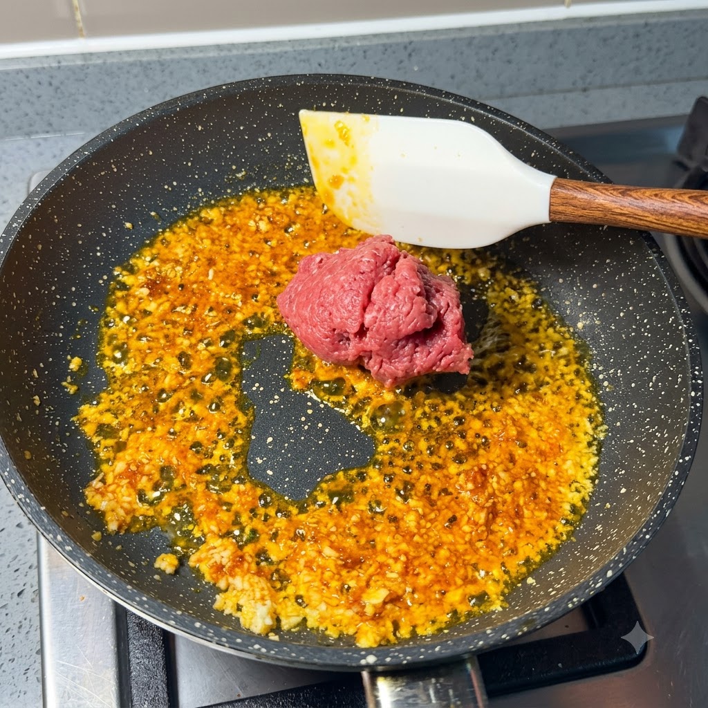 Una porzione di carne di maiale macinata cruda inserita nella padella con olio allaglio e peperoncino.