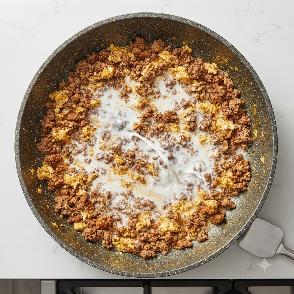 Latte versato al centro di una padella piena di carne macinata rosolata.