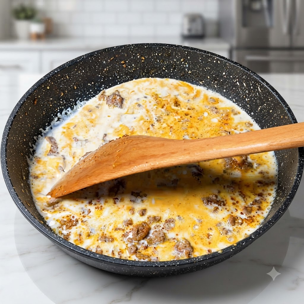 Una spatola di legno mescola latte e carne macinata allinterno di una padella scura.