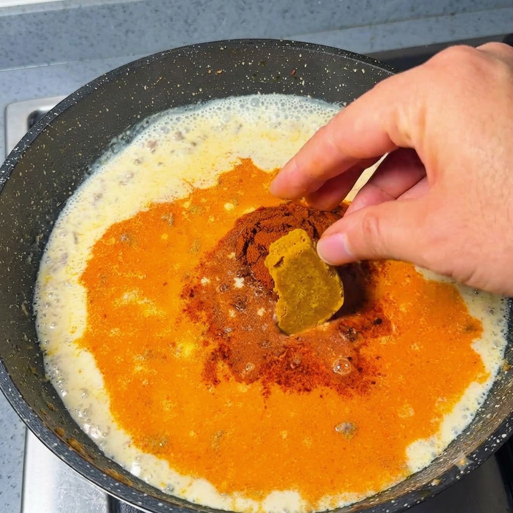 Una mano posiziona dadi e polvere di curry sopra il liquido che bolle nella padella.