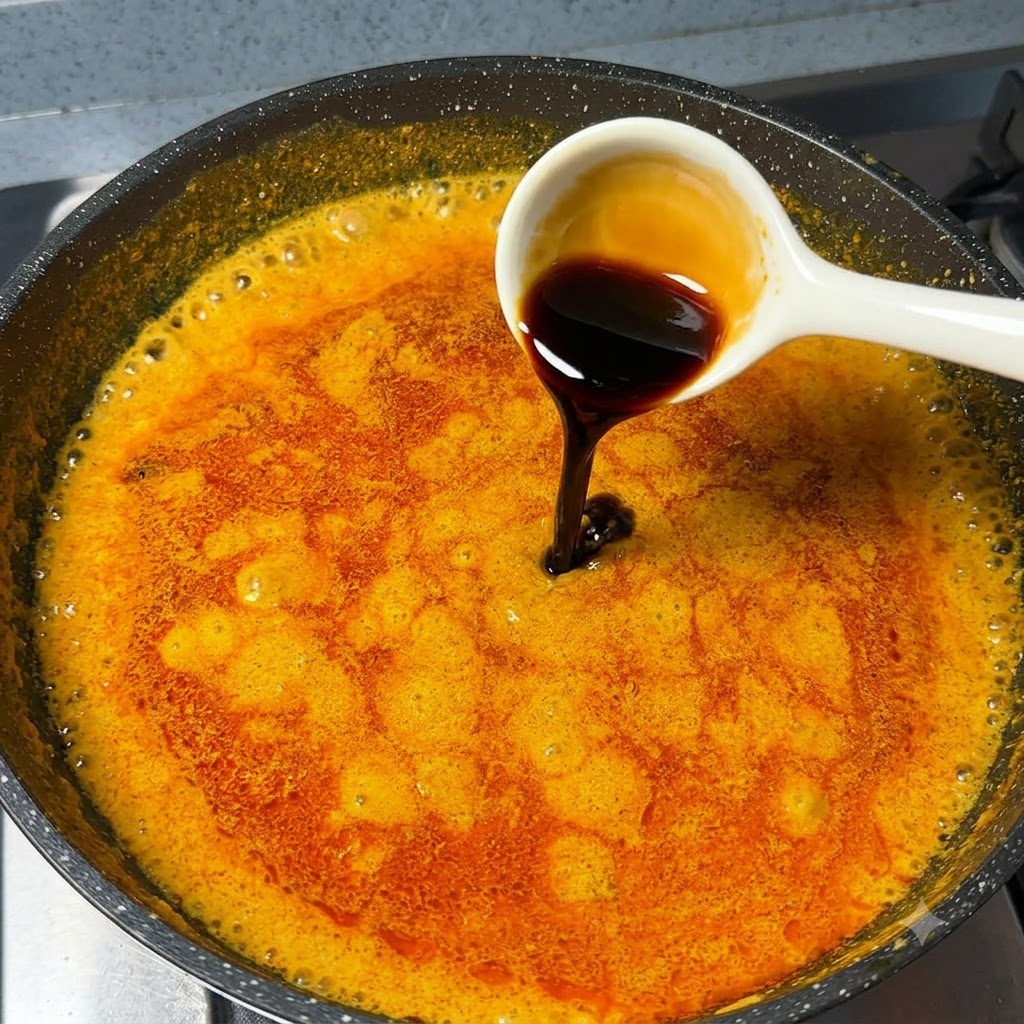 Salsa di soia versata da un cucchiaio bianco in una pentola con salsa al curry arancione in ebollizione.