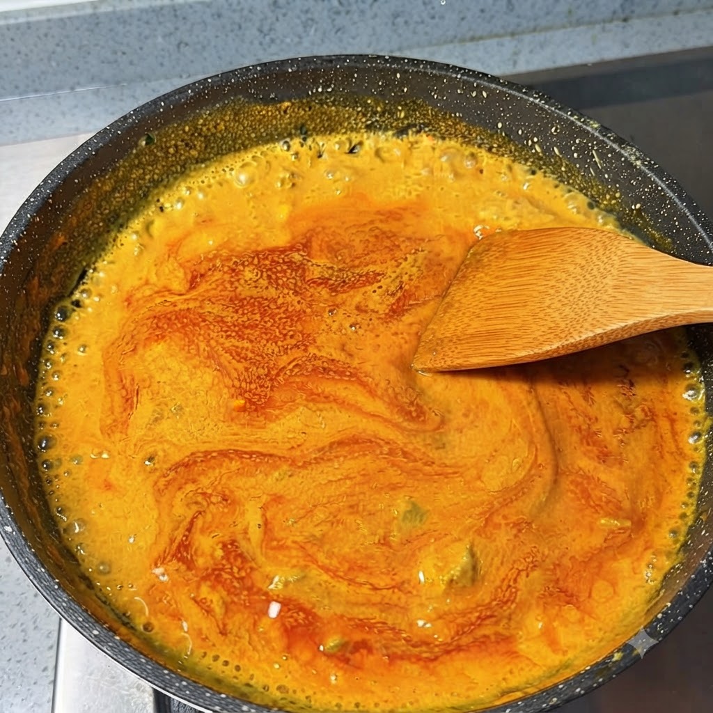 Salsa al curry giapponese in fase di addensamento in una padella, mescolata con una spatola di legno.