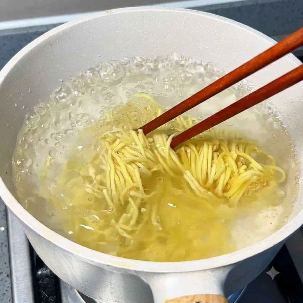 Noodles ramen cotti in una pentola dacqua bollente con bacchette di legno che li separano.