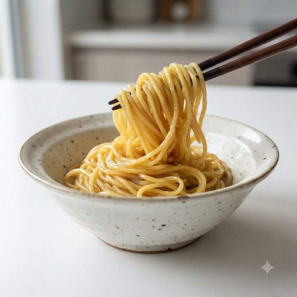 Noodles ramen cotti sollevati con le bacchette e messi in una ciotola di ceramica.