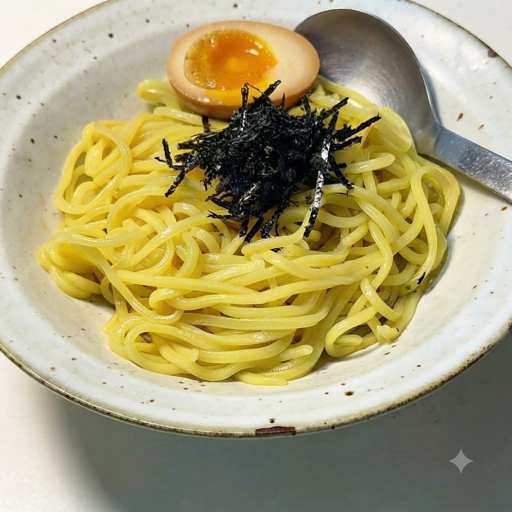 Un uovo barzotto tagliato a metà posizionato sopra i noodles guarniti.