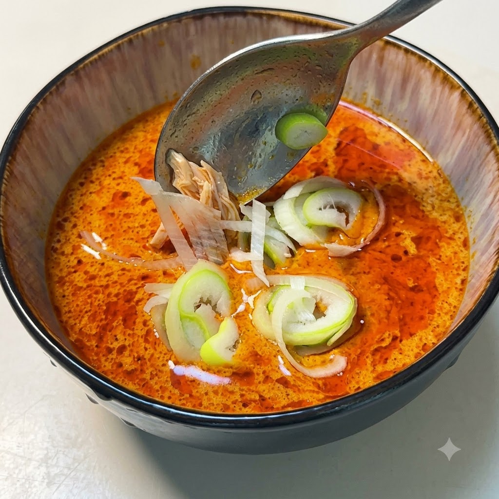 Cipollotto appena affettato lasciato cadere in una ciotola di salsa al curry calda e speziata.