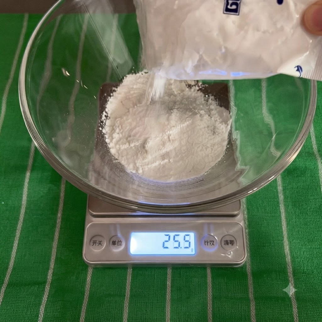 Ingredienti secchi versati in una ciotola di vetro trasparente su una bilancia da cucina digitale.