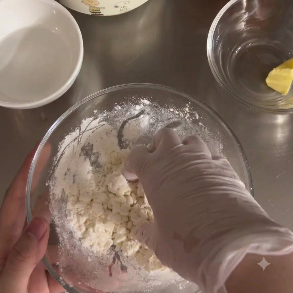 Una mano guantata che impasta limpasto allinterno di una ciotola di vetro trasparente.