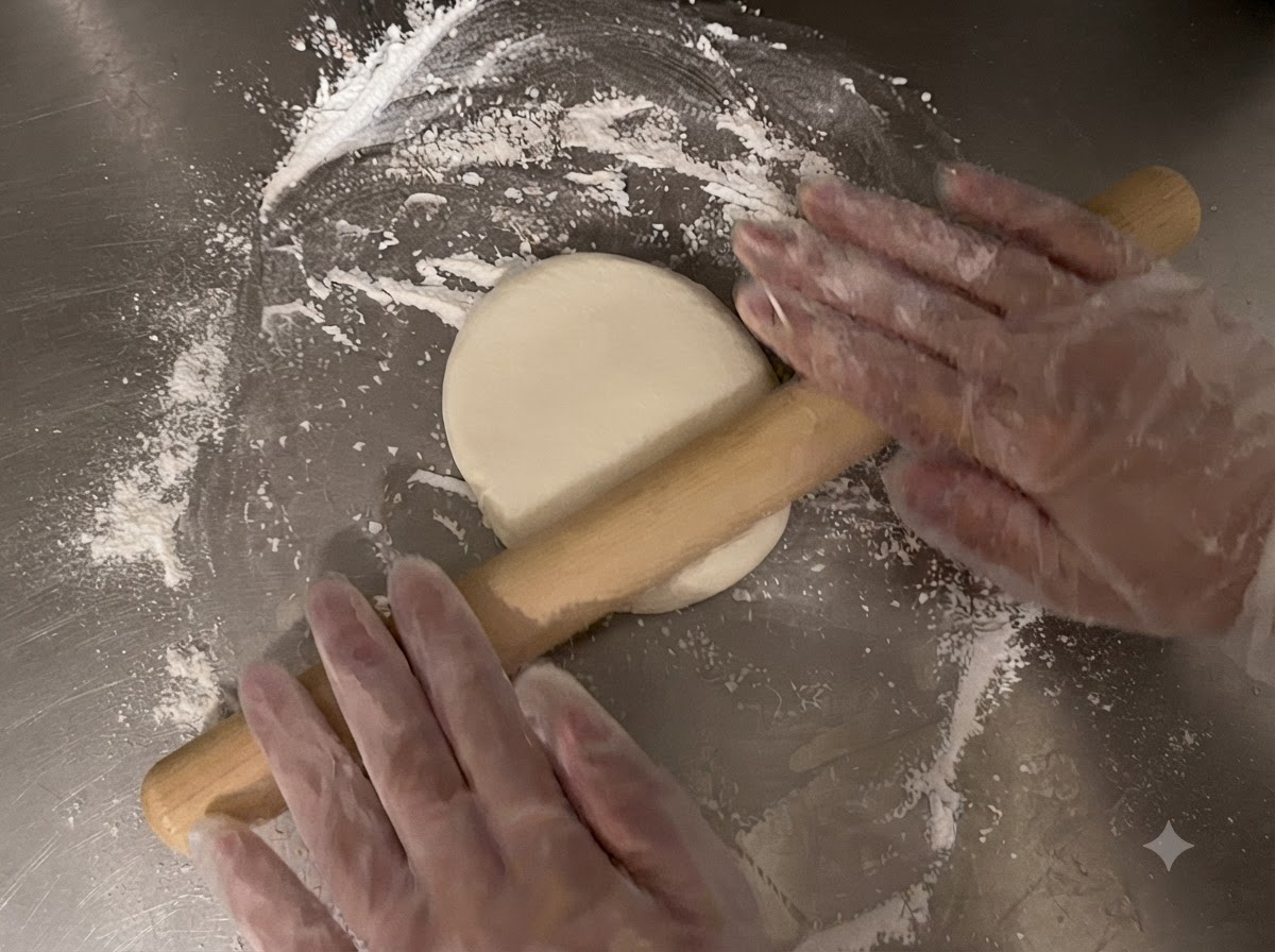 Un mattarello di legno che appiattisce un pezzo rotondo di pasta su una superficie infarinata.