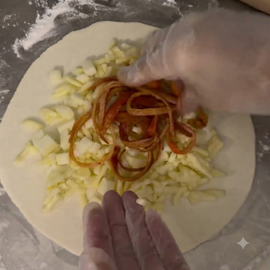 Mozzarella a cubetti, noodles piccanti e surimi disposti sopra un cerchio di pasta cruda.