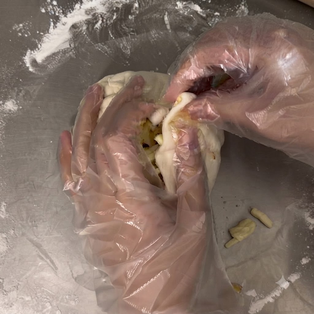 Mani guantate che stringono e raccolgono i bordi di un involucro di pasta sopra un massiccio mucchio di ripieno di formaggio e noodles.