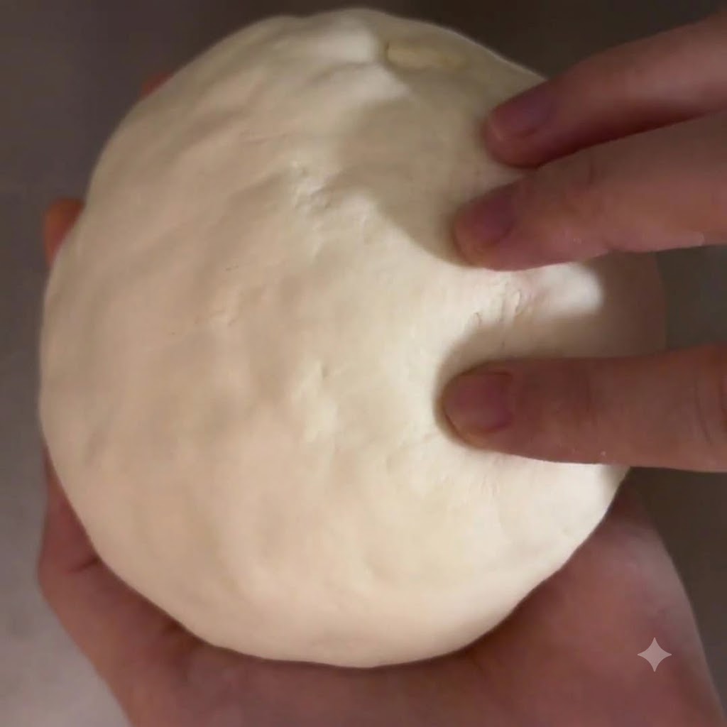 Dita che premono e levigano delicatamente la superficie di una grande palla di pasta ripiena e rotonda.